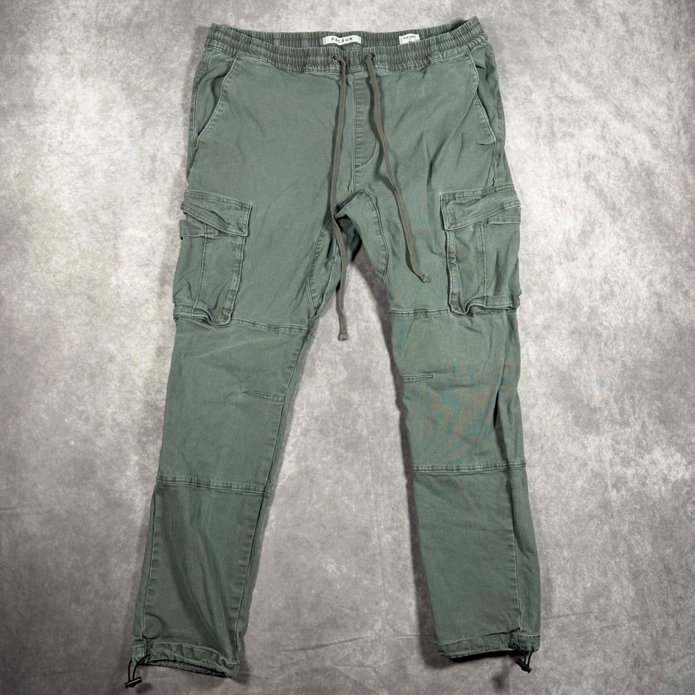 PacSun Mens XL Slim Cargo Pants Olive Green Elastic Waist Toggle Hem Utility
